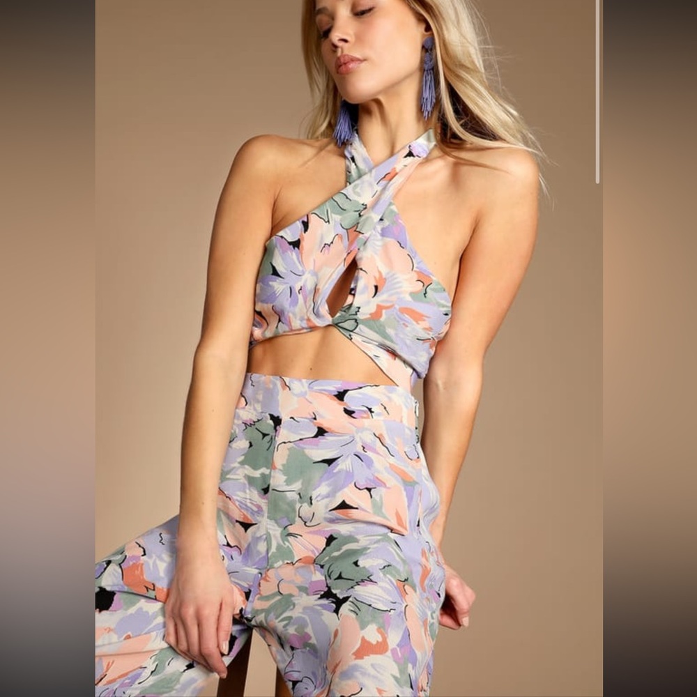 Palm Beach Babe Lilac Floral Print Halter Crop Top